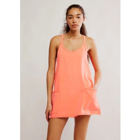 Free People Movement Hot Shot Mini Dress with Shorts in Neon Coral, Size Medium - Picture 1 of 8